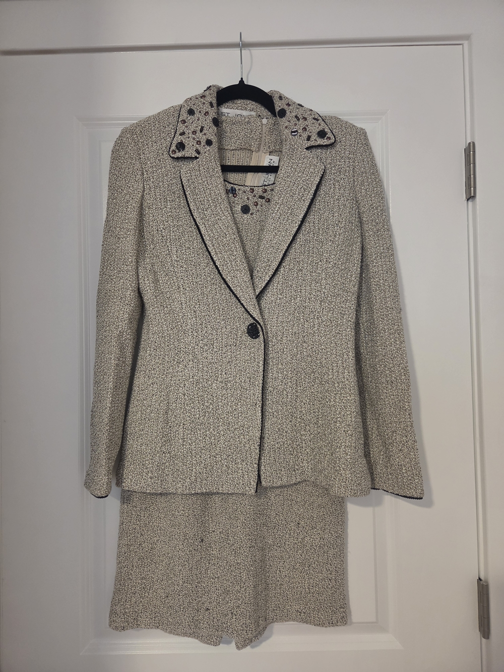 St. John Cream Tweed Blazer and Skirt Set with Black Trim